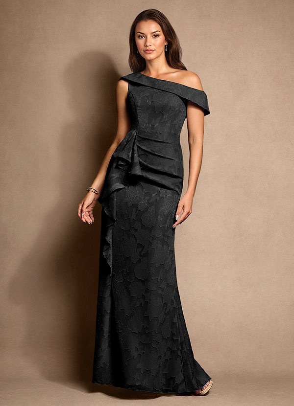 Azazie Hamptons Mother of the Bride Dresses Vestido Preto de Esgotamento Floral de Linha A com Plissado image1