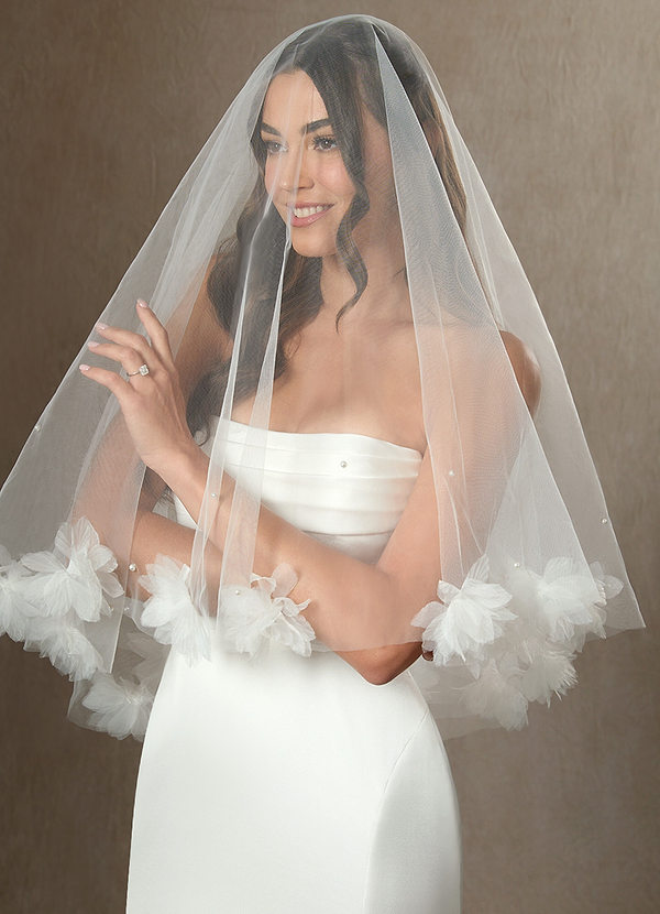 front 3D Flower and Pearl Elbow Length Draped Blusher Veil