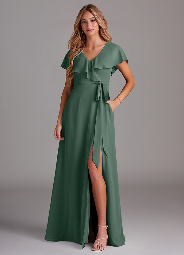 Azazie Lainey Bridesmaid Dresses Sea Moss A-Line with Pockets Chiffon Dress image1