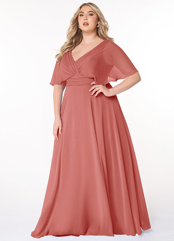 Azazie Pamela Robes Demoiselle d'honneur Robe Trapèze en Mousseline de soie Col V plissé Antique Rose image1