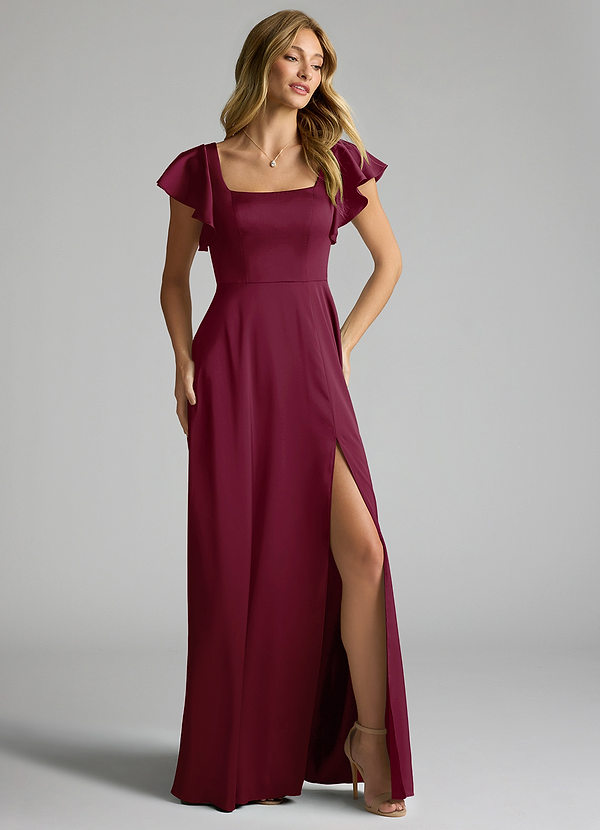 Azazie Bondi Bridesmaid Dresses Mulberry A-Line Bow Stretch Satin Dress image1