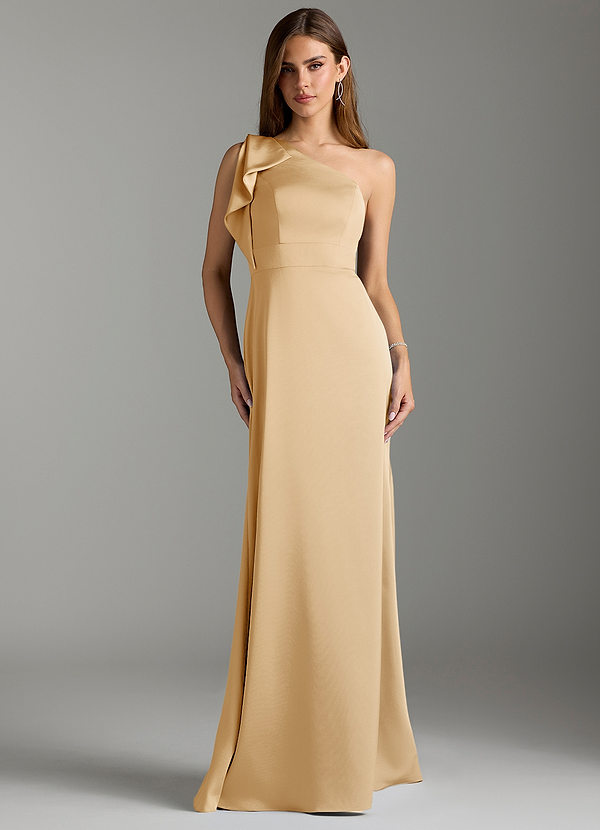 Azazie Rinna Bridesmaid Dresses Gold Mermaid Ruched Stretch Satin Dress image1