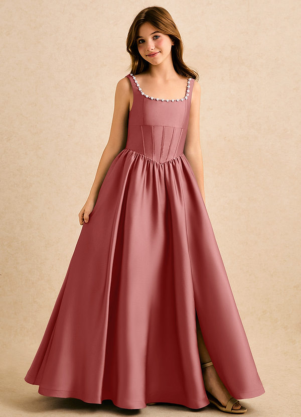 Azazie Enid Girls Formal Sukienki dla dziewczynek sypiących kwiaty Linia A Zroszony Satyna elastyczna Długość podłogi Sukienka image1