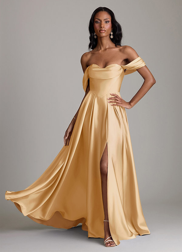 Azazie Loisa Abiti da Damigella Abito A-Line in Raso Elasticizzato a Spalla Scoperta Oro image1
