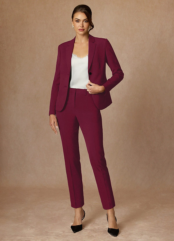 front Whitney Burgundy Structured Stretch Full Length Pants Suit