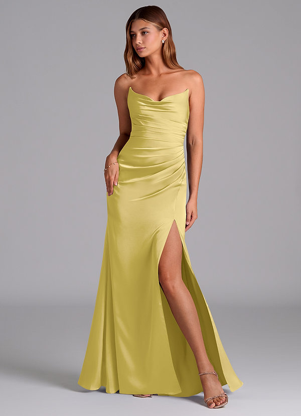 Azazie Claudelle Robes de demoiselle d'honneur Robe Sirène en Satin extensible Bustier Canari image1