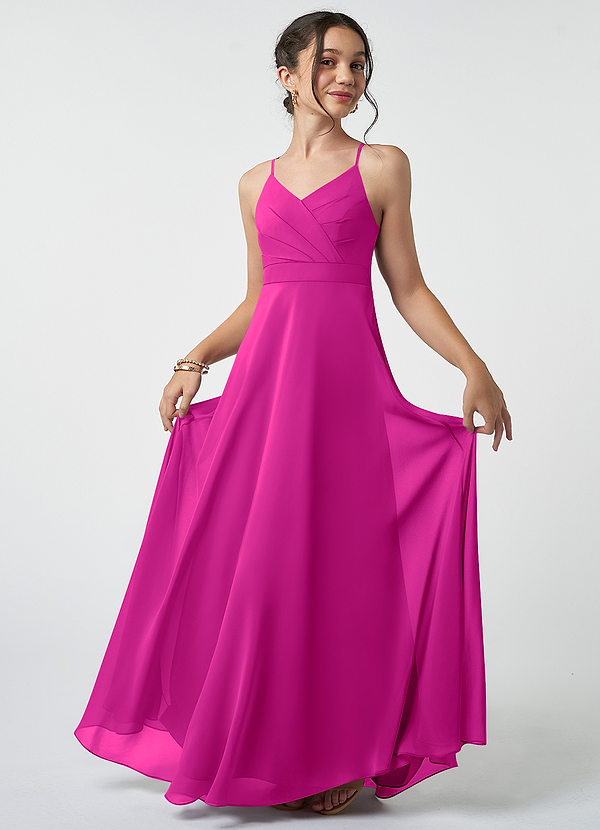 Azazie Avelina Junior Fuchsia A-Line Pleated Chiffon Dress image1