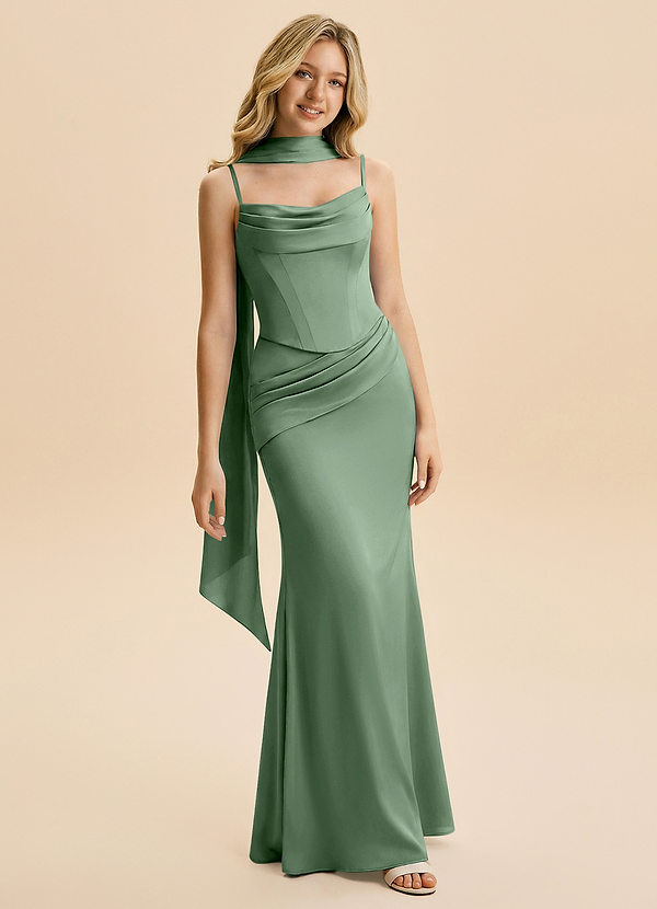 Azazie Sorrel Junior Abito Sirena in Raso Elasticizzato Drappeggiato Matcha image1