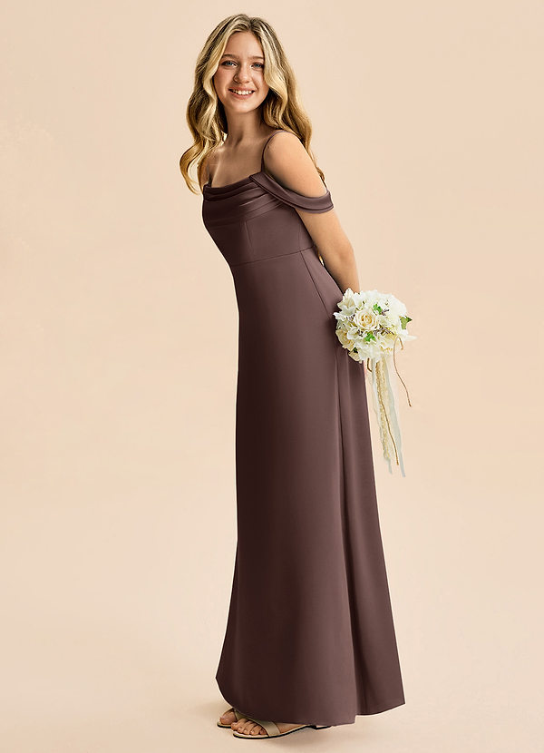 Azazie Lettie Junior A-Linie Schulterfrei Stretch-Satin Kleid Ganache image1