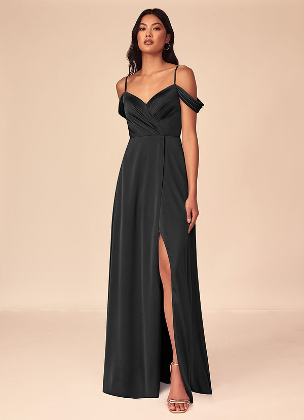 Azazie Ocean Bridesmaid Dresses Black A-Line V-Neck Pleated Stretch Satin Dress image1