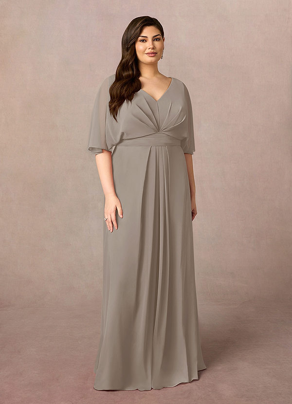Azazie Oksana Brautmutterkleider A-Linie V-Hals Gefaltet Chiffon Kleid Taupe image1