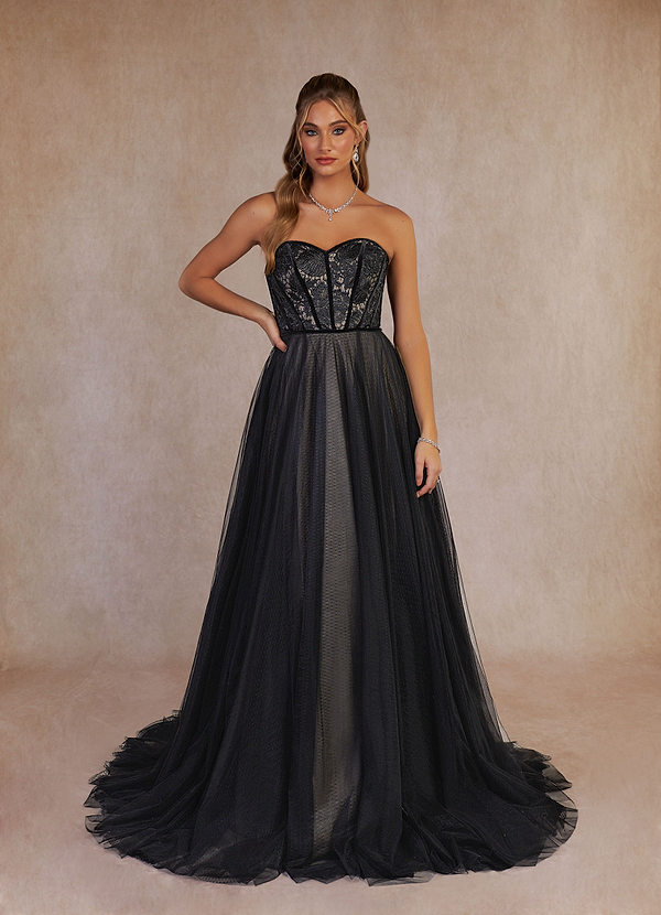 Azazie Persephone Wedding Dresses Black Champagne Ball-Gown Lace Tulle Dress image1