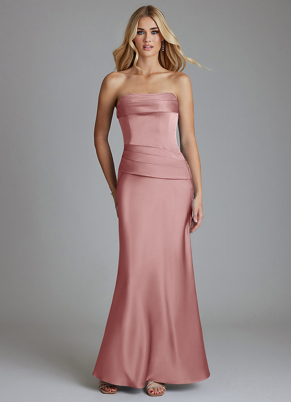 Azazie Lenya Abiti da Damigella Abito Tubino in Raso Elasticizzato Plissettato Rosa Polverosa image1