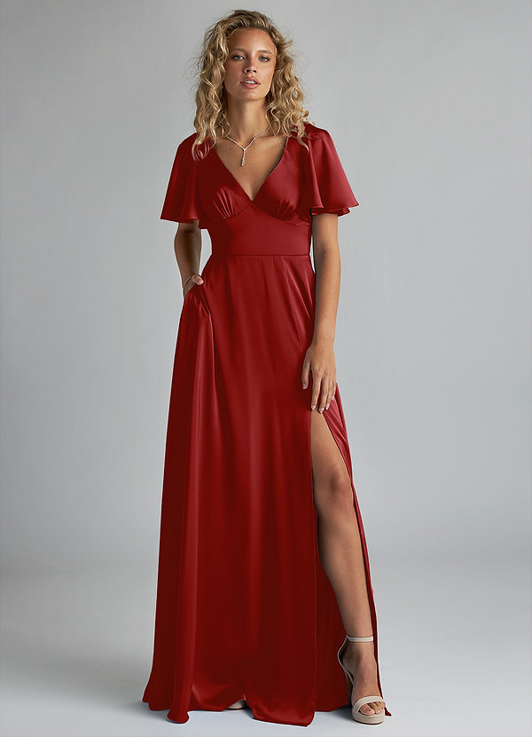 Azazie Kimber Bridesmaid Dresses Pomegranate A-Line Ruched Stretch Satin Dress image1