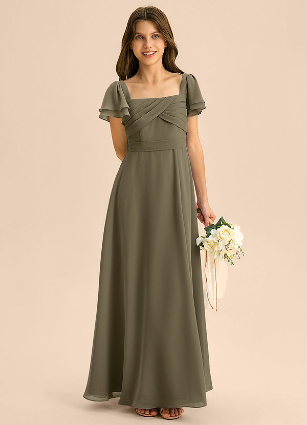 Azazie Azey Junior Willow Green A-Line Ruched Chiffon Dress image1