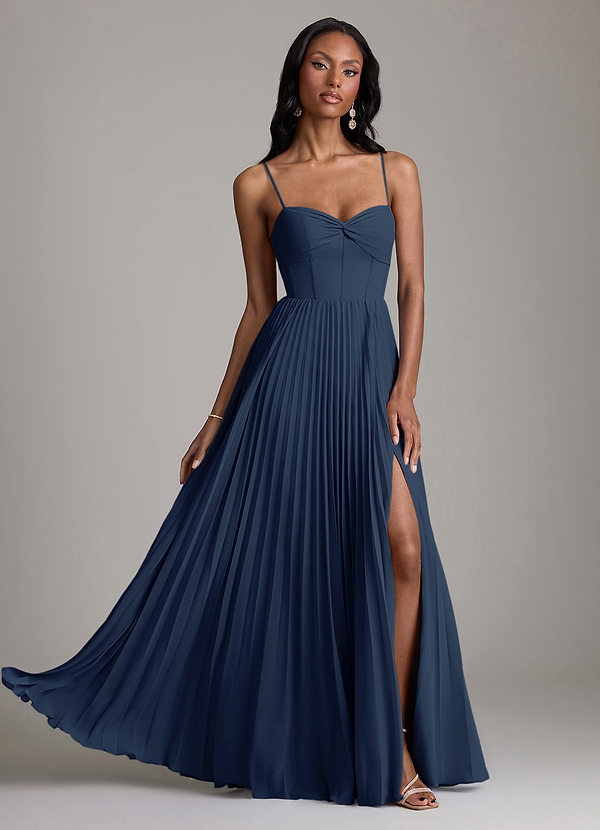 Azazie Akiko Abiti da Damigella Abito A-Line in Chiffon Scollo a Cuore Marino Scuro image1