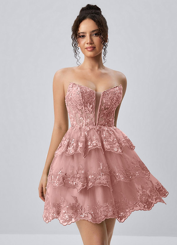 Liaorde Rosa Topo Minivestido corsé de corte A con volantes, bordado de lentejuelas y encaje image1