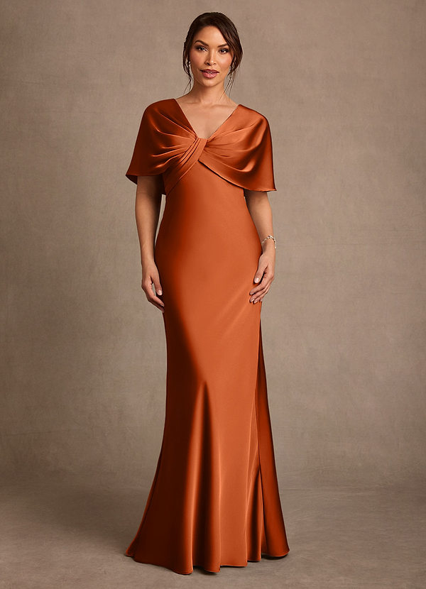 Azazie Dosia Mother of the Brides Dresses Burnt Orange Sheath Pleated Stretch Satin Dress image1
