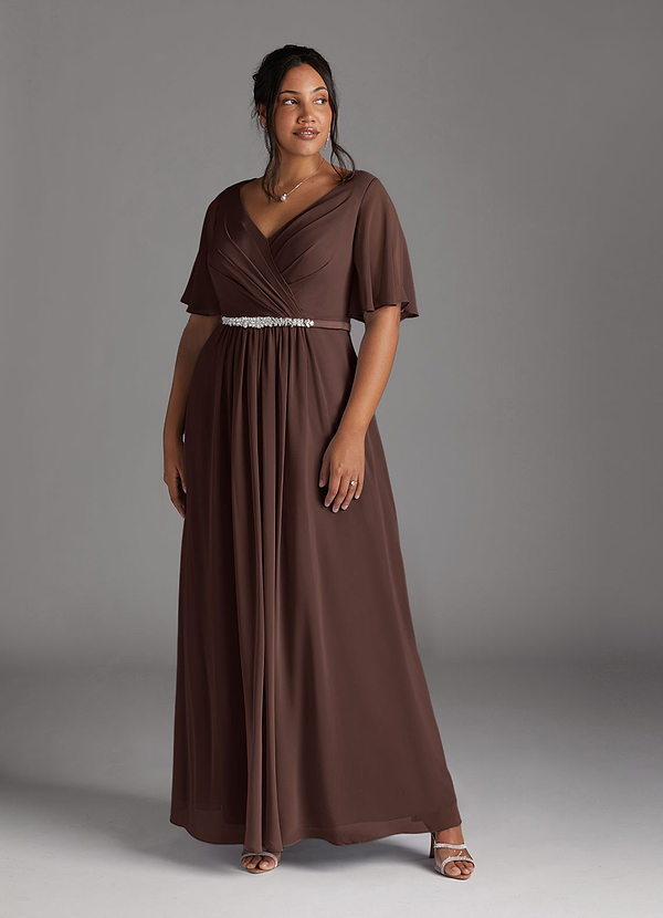 Azazie Tricia Mother of the Brides Dresses Ganache A-Line V-Neck Pleated Chiffon Dress image1