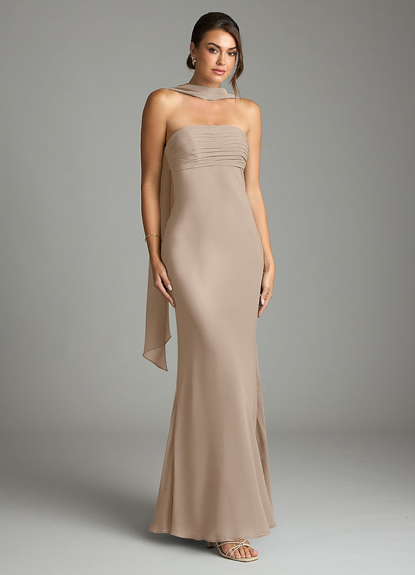 Azazie Saylor Bridesmaid Dresses Taupe Mermaid Strapless Chiffon Dress image1