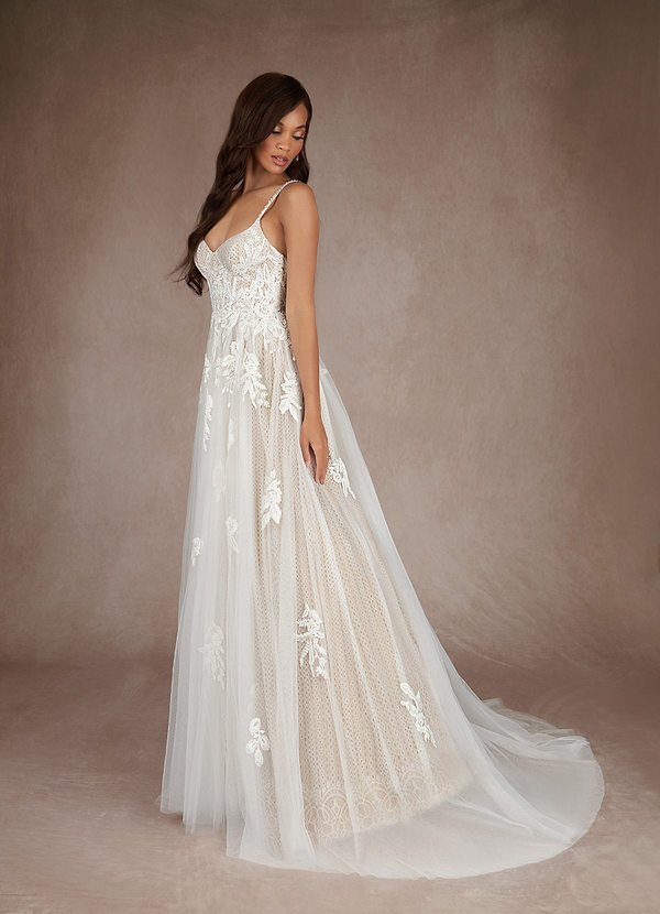 Azazie Yari Vestidos de Novia Vestido de Blanco Diamante Nude de Tul de Corte en A con Lentejuela image1