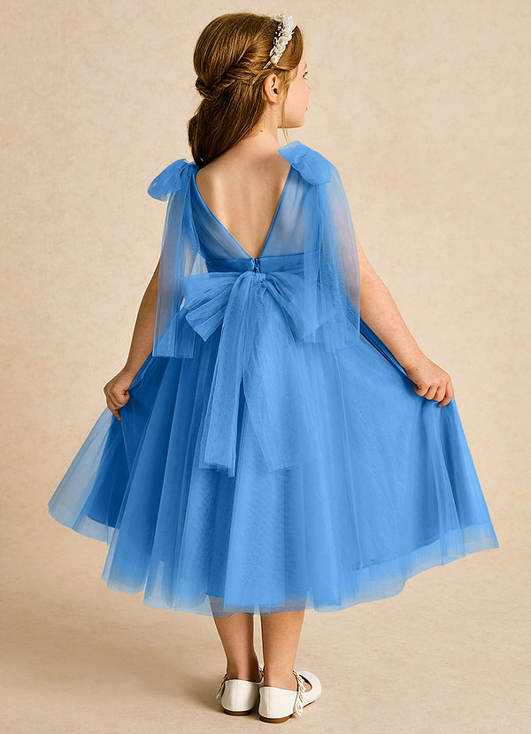 Azazie Dori Robes de Fillette d'Honneur Robe Trapèze en Tulle Rayé Geai Bleu image1