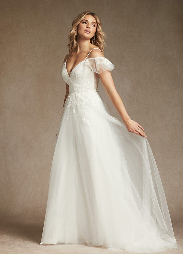 Azazie Iva Wedding Dresses Diamond White A-Line V-Neck Sequins Tulle Dress image1