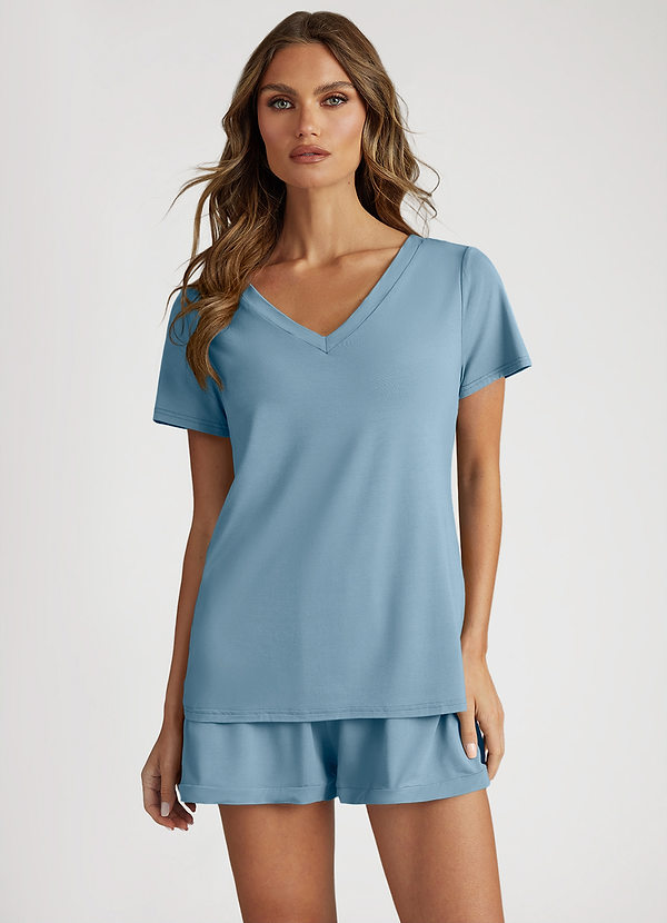 front Zakurzony Niebieski Bamboo Fiber V-Neck T-Shirt and Shorts Pajama Set