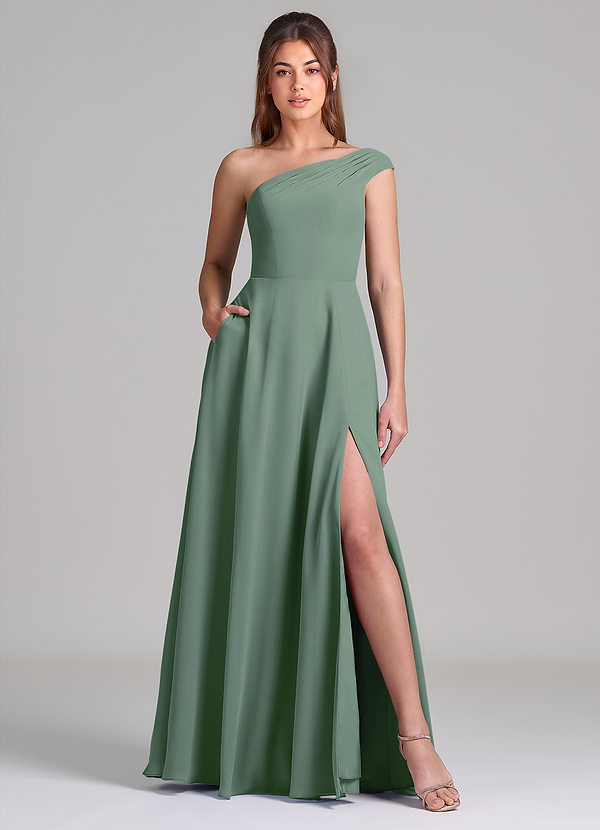 Azazie Melanie Bridesmaid Dresses Eucalyptus A-Line Off the Shoulder Chiffon Dress image1