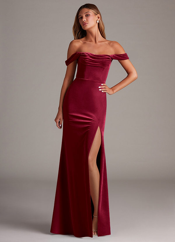 Azazie Saige Bridesmaid Dresses Burgundy Sheath Off the Shoulder Velvet Convertible Dress image1