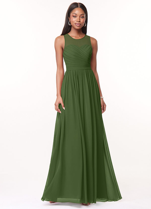 Azazie Nina Bridesmaid Dresses Olive A-Line Pleated Chiffon Dress image1