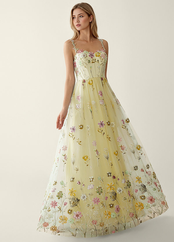 Irisqun Żółty Suknia balowa z tiulu z haftem cekinowym i koralikami w kwiaty 3D image1