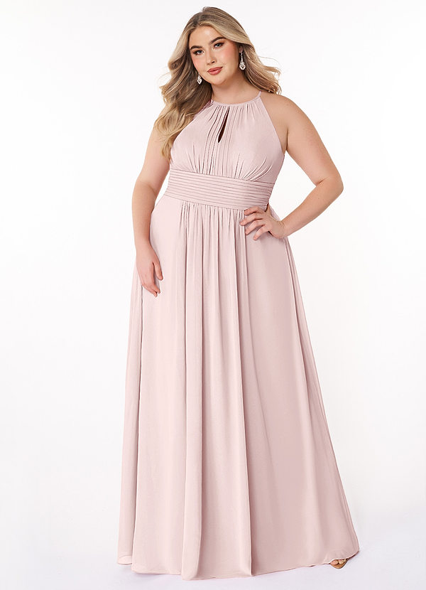 Azazie Bonnie Brautjungfernkleider A-Linie Schlüsselloch Gerüscht Chiffon Kleid Zartrosa image1