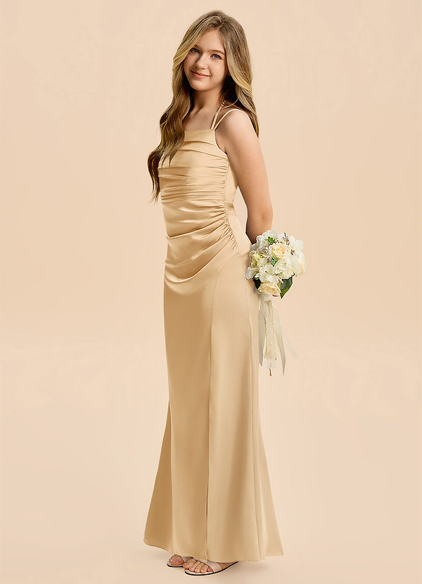 Azazie Nova Junior Gold A-Line Pleated Stretch Satin Dress image1