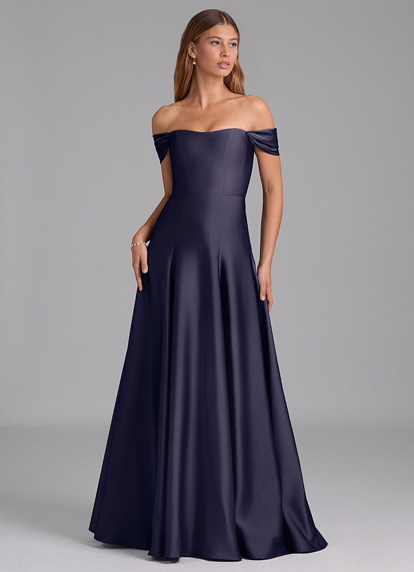 Azazie Seriana 신부 들러리 드레스 A라인 오프 더 숄더 스트레치 새틴 바닥 길이 드레스 image1