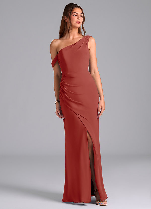 Azazie Madelyn Bridesmaid Dresses Terracotta Mermaid One Shoulder Chiffon Convertible Dress image1