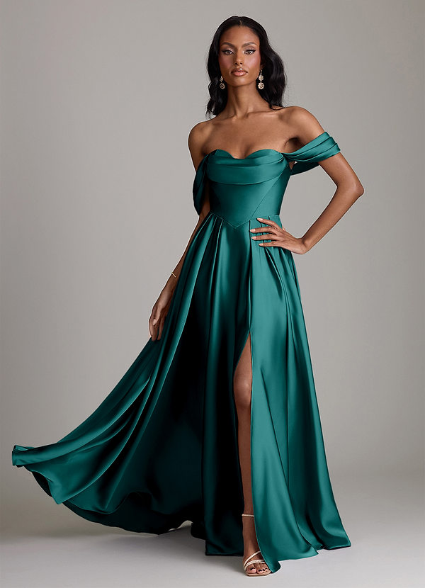 Azazie Loisa Abiti da Damigella Abito A-Line in Raso Elasticizzato a Spalla Scoperta Verde Pavone image1