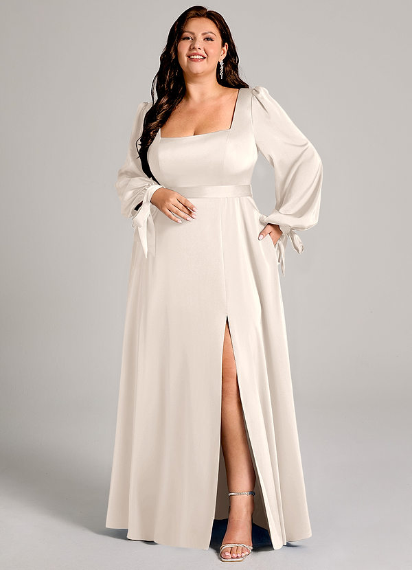 Leonia Bridesmaid Dresses White Alabaster A-Line Long Sleeve Stretch Satin Dress image1