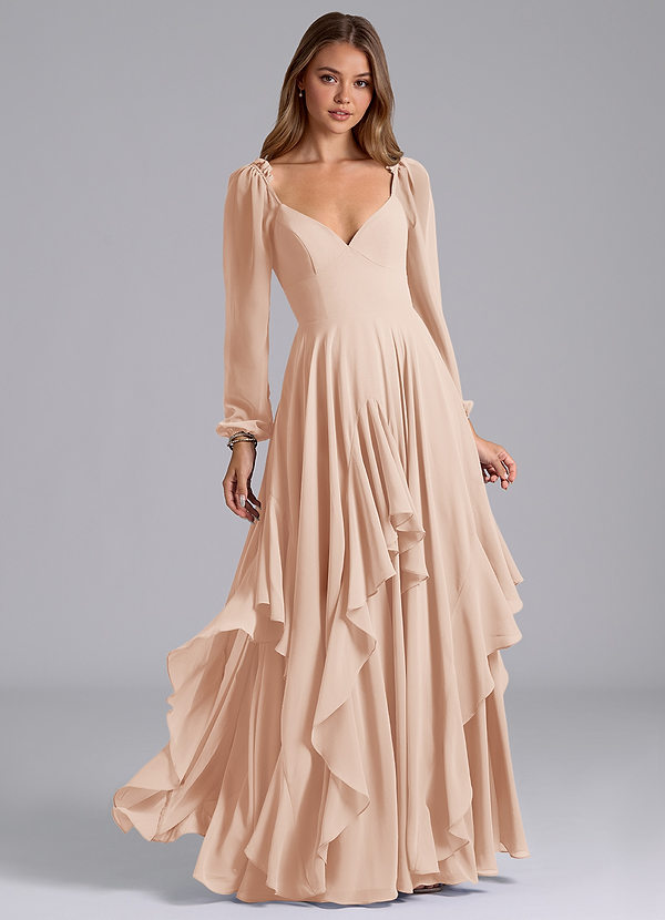 Azazie Karan Brautjungfernkleider A-Linie Langarm Chiffon Kleid Englisches Rosa image1