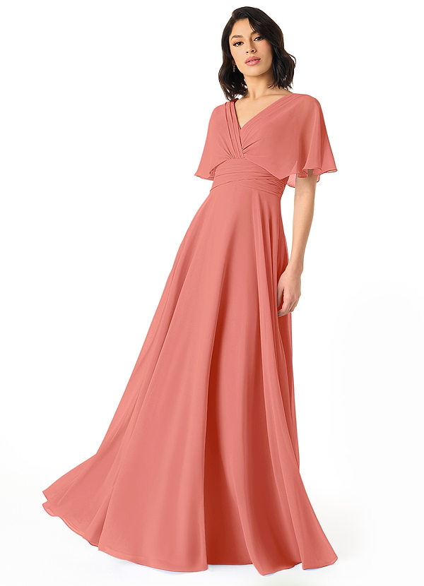Azazie Pamela Bridesmaid Dresses Salmon Pink A-Line V-Neck Pleated Chiffon Dress image1