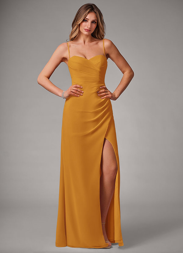 Azazie Haisley Bridesmaid Dresses Butterscotch Sheath Off the Shoulder Chiffon Convertible Dress image1