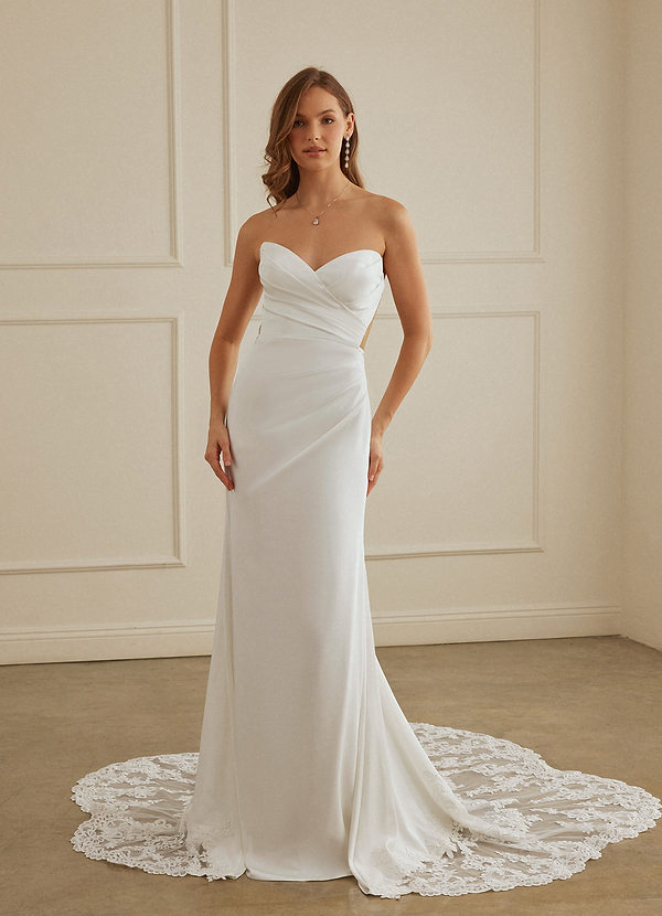 Christian Siriano Bridal for Azazie 2004 Robe de Mariée Robe Fourreau en Crêpe Dos Satin Dentelle Diamant Nude image1