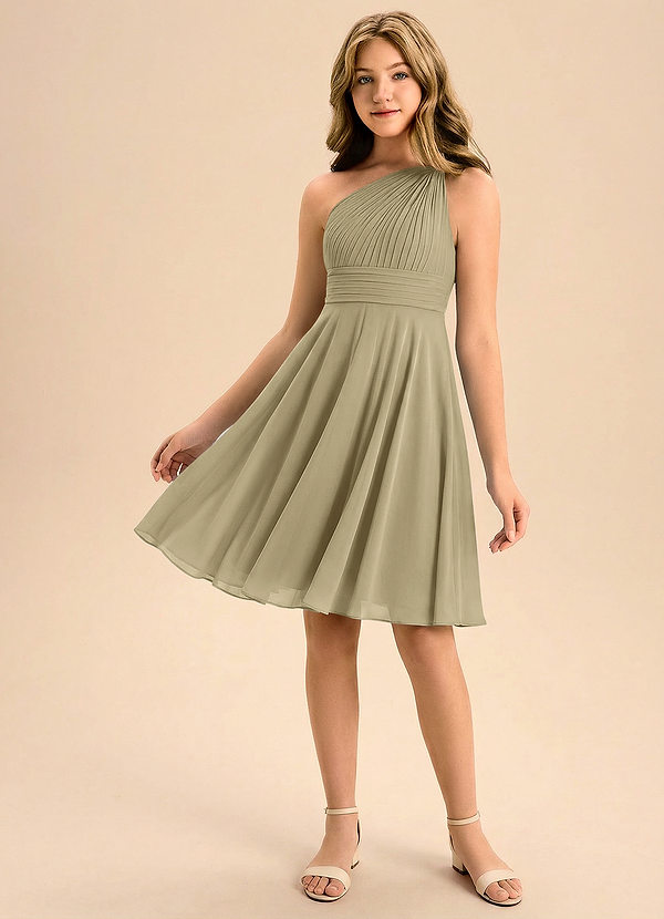 Azazie Charlize Junior Moss Green A-Line Pleated Chiffon Dress image1
