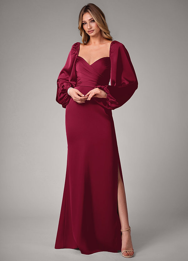 Azazie Sonata Bridesmaid Dresses Burgundy Sheath Long Sleeve Stretch Satin Convertible Dress image1