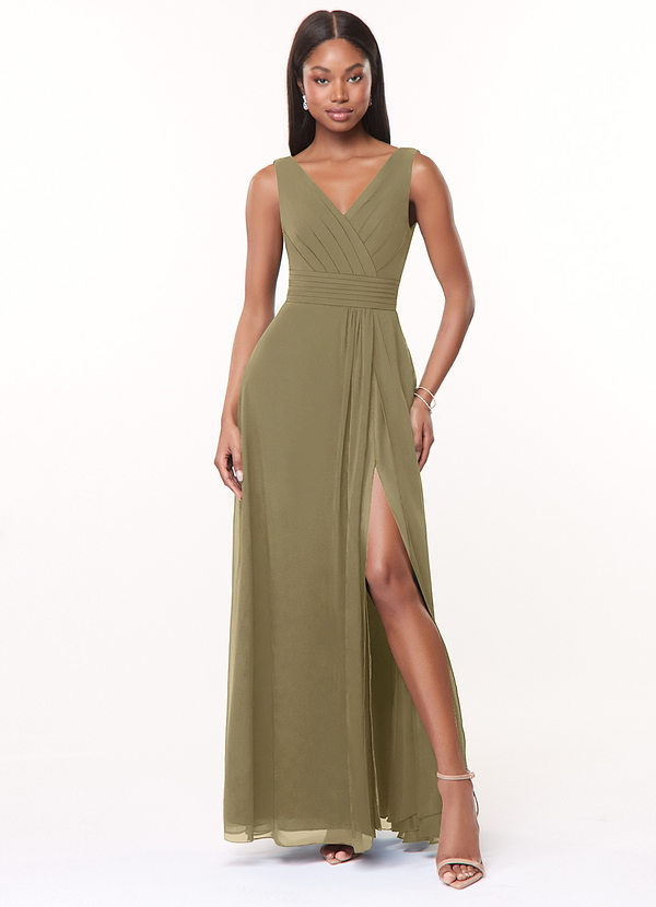 Azazie Karina Bridesmaid Dresses Moss Green A-Line Pleated Chiffon Dress image1