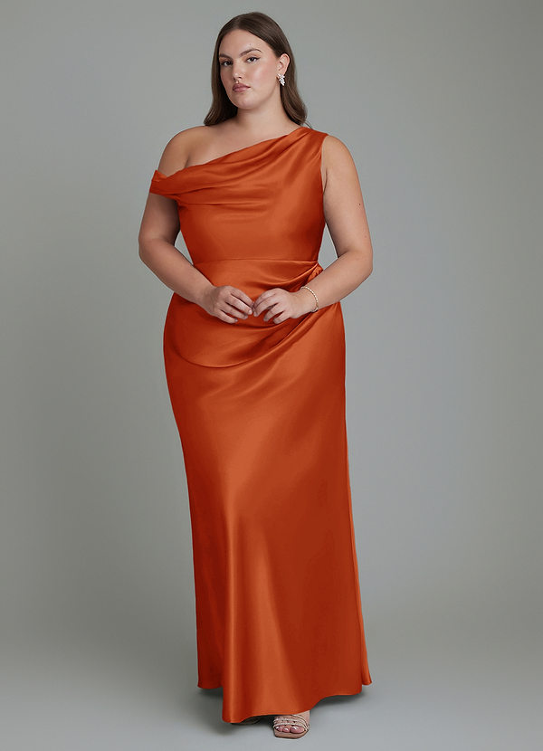 Azazie Emerson Bridesmaid Dresses Paprika Mermaid Off the Shoulder Metallic Satin Dress image1