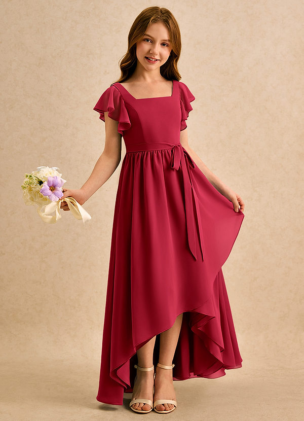 Azazie Milly Girls Formal Sukienki dla dziewczynek sypiących kwiaty Linia A Pofałdowany Szyfon Asymetryczny Sukienka image1