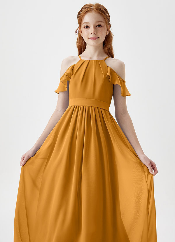 Azazie Chaya Junior Butterscotch A-Line Off the Shoulder Chiffon Dress image1