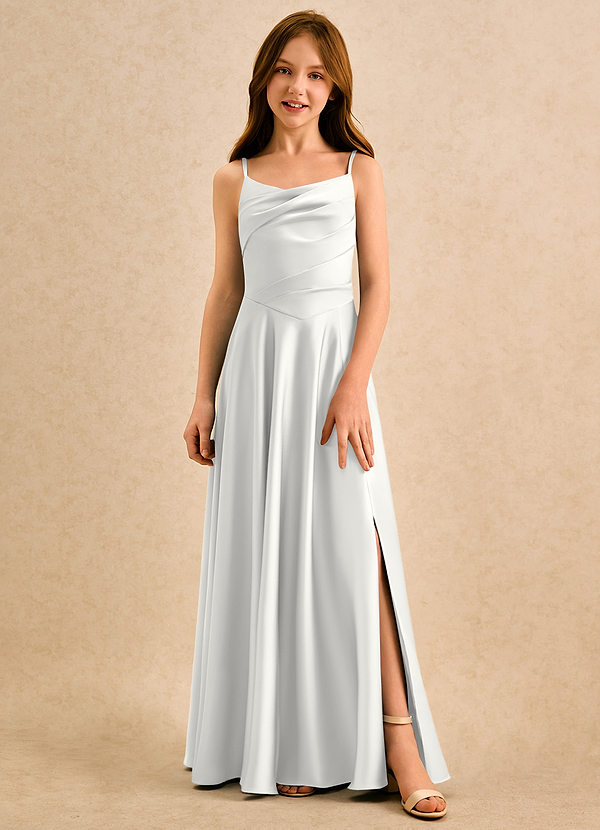 Azazie Coconut Girls Formal Abiti da Ragazza di Fiori Abito A-Line in Raso Elasticizzato Plissettato Bianco image1