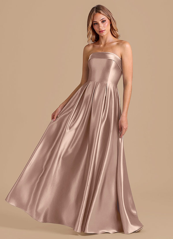 Azazie Lucienne 신부 들러리 드레스 A라인 주름진 메탈릭 새틴 바닥 길이 드레스 image1